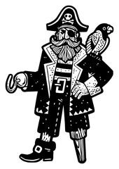 one legged one armed pirate with parrot bird sketch engraving PNG illustration. Scratch board imitation. Black and white hand drawn image.