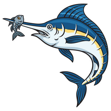 recommend clip art: marlin swordfish with fish impaled on the nose pinup pop art retro PNG illustration. Comic book style imitation.