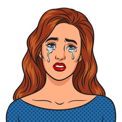crying beauty young woman pinup pop art retro PNG illustration. Comic book style imitation.