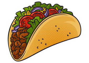 Taco traditional Mexican food pinup pop art retro PNG illustration. Comic book style imitation.