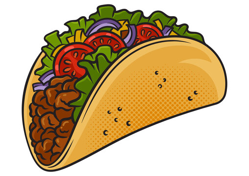 recommend clip art: Taco traditional Mexican food pinup pop art retro PNG illustration. Comic book style imitation.