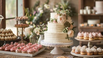 Wedding cake display on rustic wooden table