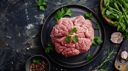Fresh pork brain as a delicious and versatile ingredient for meals with a rustic background captured from above