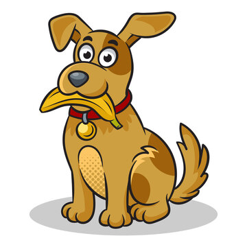 recommend clip art: dog vegan with banana in its teeth pinup pop art retro PNG illustration. Comic book style imitation.