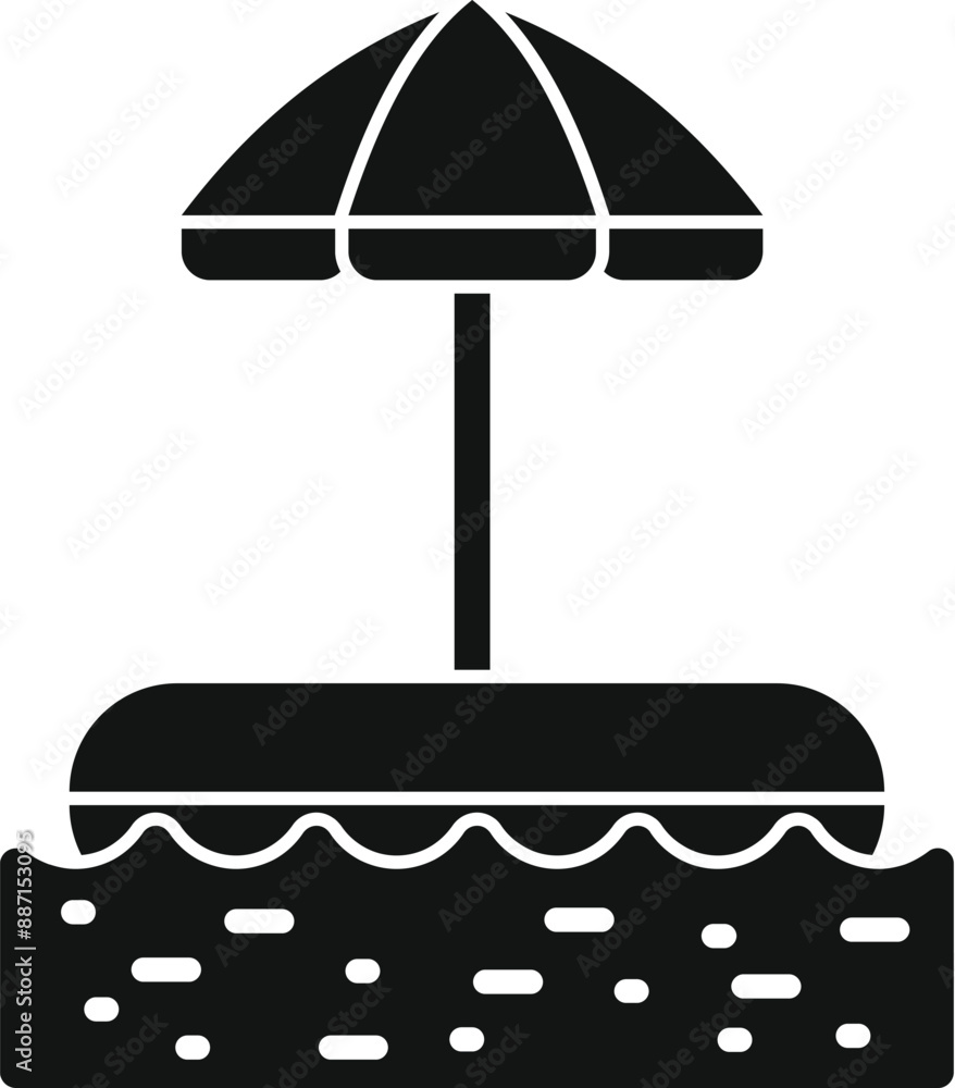 Poster enjoying a relaxing day at the beach with an inflatable mattress and umbrella providing shade from t