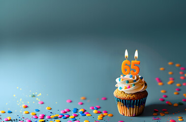 Birthday cupcake with number sixty-five candle