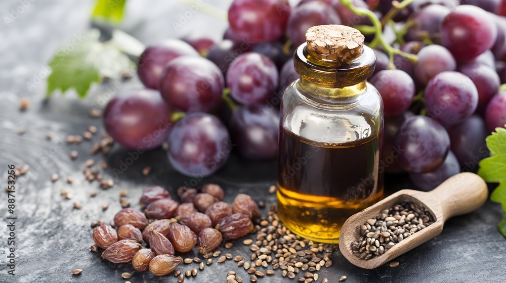 Poster 2. a bottle of grapeseed extract with grapes and seeds arranged around it