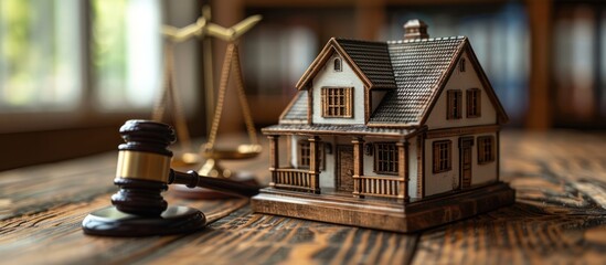 Fototapeta premium Wooden Model House with Gavel and Scale of Justice on Wooden Table