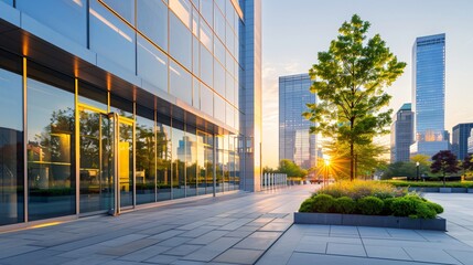Fototapeta premium Modern glass office buildings at sunrise reflecting sunlight