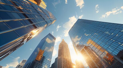 Sunlight reflecting on modern glass skyscrapers