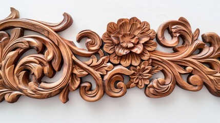 Teakwood design and decoration on a white backdrop