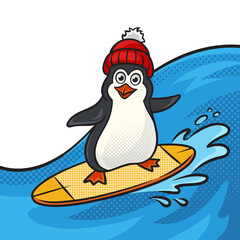 penguin on surfboard rides on sea wave pinup pop art retro PNG illustration. Comic book style imitation.