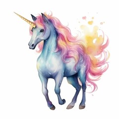 Naklejka premium A watercolor painting of a blue unicorn with a pink mane and tail standing on a white background