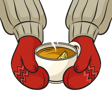 recommend clip art: hands in winter mittens hold hot tea in cup pinup pop art retro PNG illustration. Comic book style imitation.