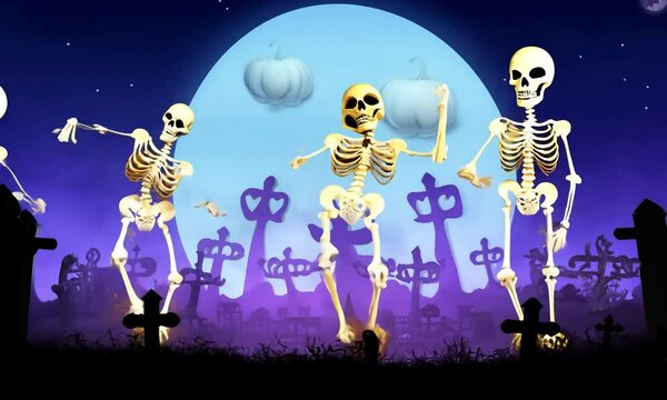 Seamless animation of skeletons dancing salsa in a cemetery at night. Funny halloween background.