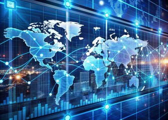Obraz premium Global business network connections and financial data visualized on futuristic digital screens, illustrating economic growth, strategic business plans, and digital marketing success.