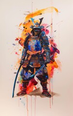 A samurai in a dynamic pose with a sword amidst swirling colors