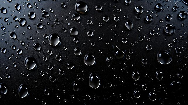 Condensation water drops on a dark glass texture background. Shower or rain droplets, pure aqua blobs. Top view