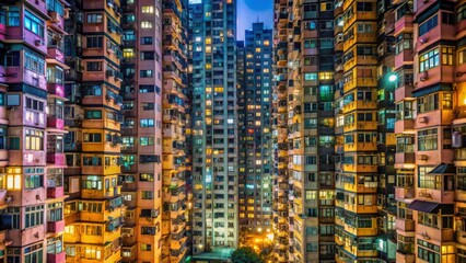 Obraz premium Vibrant residential building at night in Hong Kong, China, features hundreds of windows aglow, casting a mesmerizing urban glow amidst the dark cityscape.