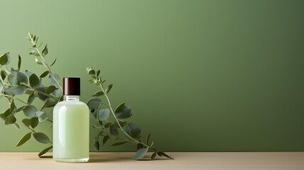 Glass bottle dropper mockup template with flowers on a light green background. Natural Organic Spa Cosmetic concept. Skin care product, aromatic oil