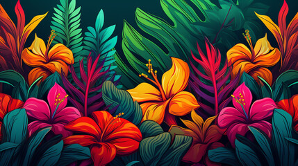 A vibrant vector background featuring tropical flowers