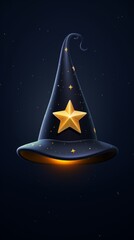 A witch's hat with a large, golden star on it glows against a dark blue background with twinkling stars, halloween mood