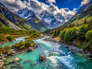 Serene misty valley surrounded by rugged snow-capped mountains reflects vibrant turquoise river flowing gently through the heart of a majestic untouched wilderness landscape.