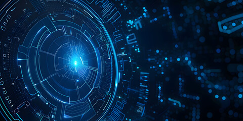 A dynamic closeup of a hightech digital interface with glowing blue elements and cryptic symbols in a futuristic cyber environment, embodying concepts of innovation and technology