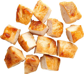 Cooked chicken breast cubes isolated on transparent background.