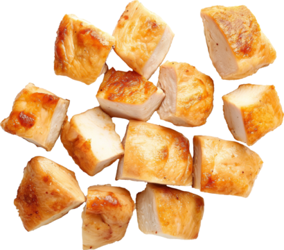 Cooked chicken breast cubes isolated on transparent background.