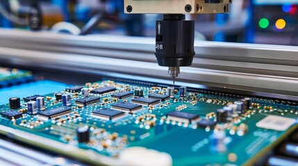 Electronic Print Circuit board Surface Mount Technology Automated SMT machine placing components on a PCB