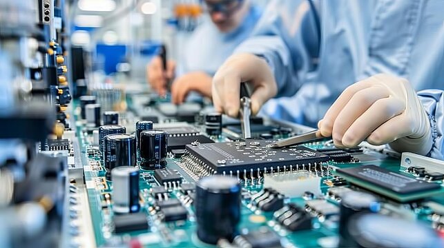 Electronic Print Circuit board PCB Assembly Technicians assembling PCBs with precision tools in a cleanroom environment