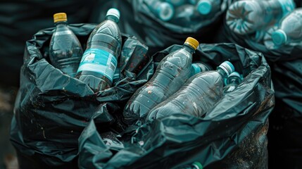Plastic bottles in black garbage bags waiting to be taken to recycle