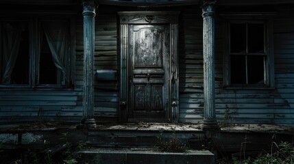 Porch of an old haunted house at night low key Door to an worn down abandoned house creepy and spooky in the dark vertical Dark gloomy image