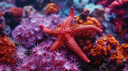 A small red seastar Fromia sp clings to coralline algae on a coral reef in the tropical western Pacific Ocean This region is known for its high marine biological diversity