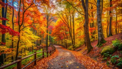 Obraz premium Vibrant autumn foliage surrounds a winding forest trail, evoking feelings of adventure and camaraderie, perfect for outdoor leisure and travel enthusiasts seeking scenic escapes.