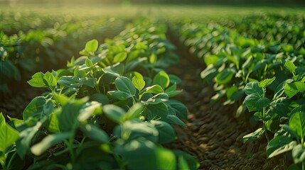Agriculture Soybean green plants growing in rows in cultivated field Organic farming Agricultural soy vegetable plantation healthy food Modern agribusiness Bio lifestyle farmland