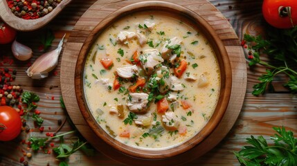 Ciorba Radauteana Romanian traditional chicken soup with cream top view
