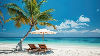 Beautiful tropical island scenery two sun beds loungers umbrella under palm tree White sand sea view with horizon idyllic blue sky calmness and relaxation Inspirational beach resort hotel