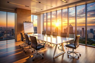 Empty conference room with sunset casting long shadows, chairs and table illuminated, empty whiteboard and flipchart stand, with cityscape visible through window.