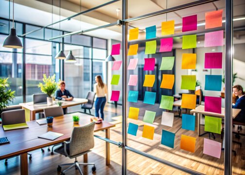 Colorful sticky notes and diagrams cover a modern collaborative workspace, symbolizing innovative software solutions and creative brainstorming sessions.