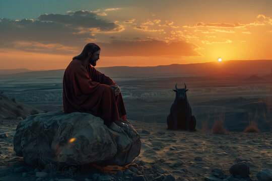 Temptation of Christ. Jesus sits on a rock in the desert, fasting and praying, undergoing a spiritual struggle. The Devil, a dark horned beast, is sitting close to him, trying to tempt him into sin.