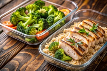 Freshly prepared healthy meal in containers with sliced grilled chicken, brown rice, and steamed broccoli, perfect for a nutritious lunch or dinner on-the-go.