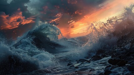 Fototapeta premium Powerful wave breaking on rocks tsunami