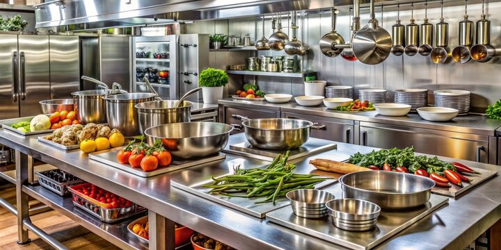 Sizzling pans and utensils surround a stainless steel counter where culinary masterpieces take shape, amidst a flurry of fresh ingredients and vibrant kitchen decor.