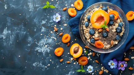 Whole grain oatmeal porridge flakes in a glass bowl with blueberries apricot slices flax seeds and flowers Energy breakfast