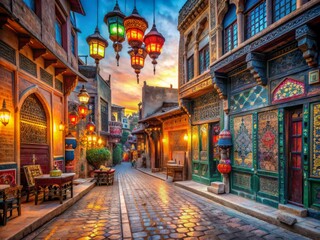 Fototapeta premium Vibrant city street scene at dawn, with ancient architecture, colorful lanterns, and ornate tiles, exuding wanderlust, cultural exploration, and adventure in every frame.