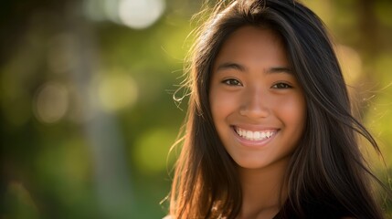 Obraz premium Pacific Islander Teenage Girl Smiling Outdoors Summer Nature Background Joyful Expression Diversity Concept Portrait