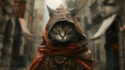 A fantasy illustration of a cat dressed as a medieval warrior in a hooded cloak, set in an ancient city background.