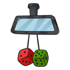 fuzzy dice toy on rearview car mirror pinup pop art retro PNG illustration. Comic book style imitation.